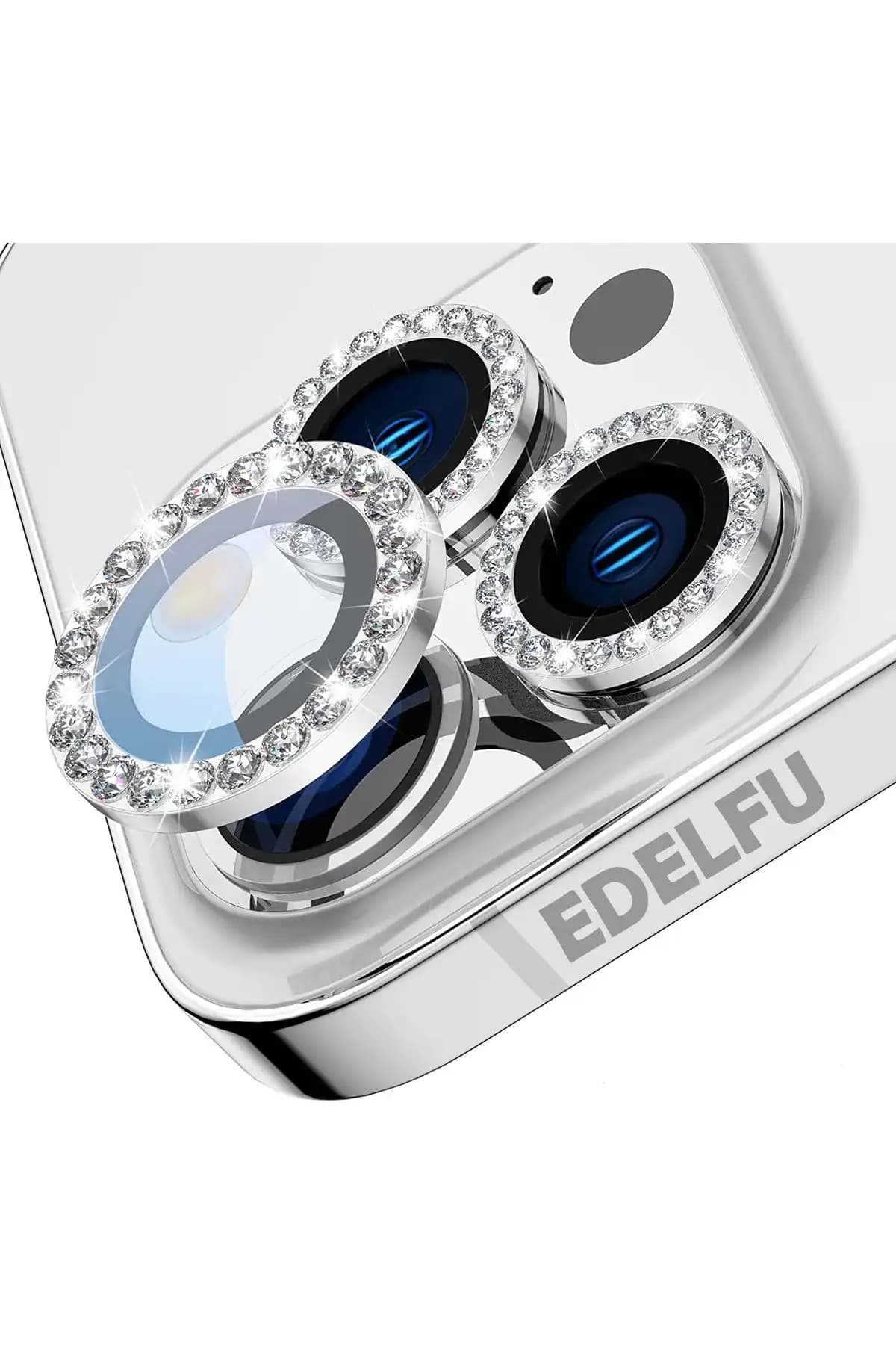 EDELFU Gü<müş> Taşlı Lens Koruyucu iPhone 14 Pro ve Max için Estetik ve Güvenli Koruma